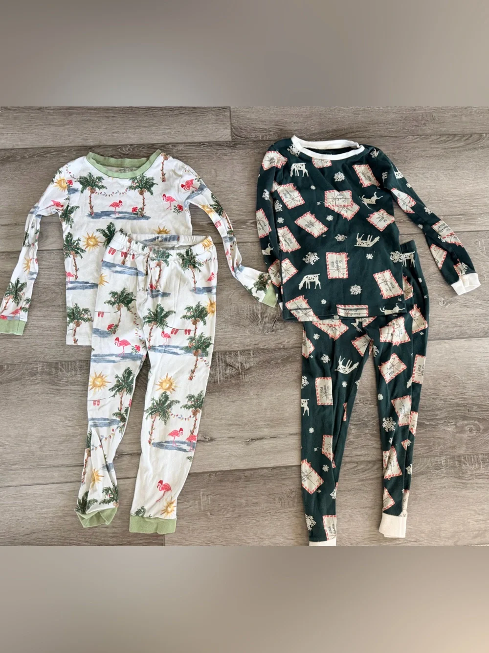 Burt's Bees Kids Pajama Set - White & Dark Green Tropical and Reindeer Prints